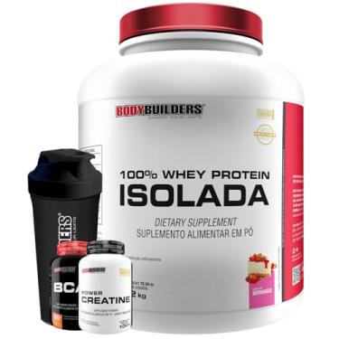 Imagem de Kit 100% Whey Protein Isolada 2kg + Power Creatina 100g + BCAA 100g + Coqueteleira - Bodybuilders (Médio, Morango)