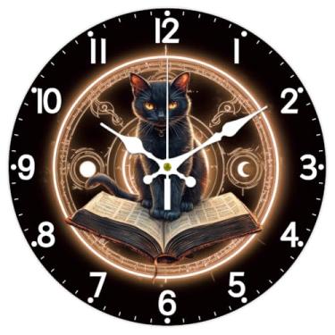 Imagem de CHGCRAFT Relógio de parede de gato preto, 30,5 cm, operado por bateria, livro mágico, relógios silenciosos, sem tique-taque, relógio decorativo para sala de estar, escritório, quarto, decoração de