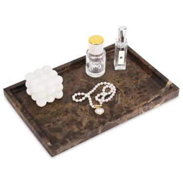 Imagem de Bandeja de banheiro de mármore, bandeja de mesa de banheiro de mármore genuíno natural, para cozinha, banheiro, bancada, decorativa, para café, perfume, joias, maquiagem (marrom escuro)