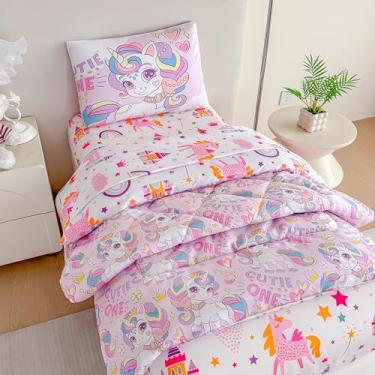 Imagem de Tailor Shop 4 peças de cama com edredom infantil de unicórnio, roxo, com edredom acolchoado, lençol com elástico e fronha