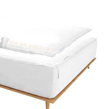 Imagem de Lençóis de algodão com zíper tamanho solteiro - Inclui 2 lençóis com zíper e 1 lençol com elástico - bolsos profundos de 25,4 cm não saem - Lençol de algodão 600 fios - Branco