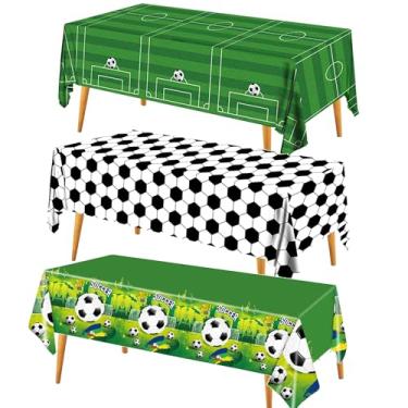 Imagem de T-Mogur 3 peças de toalha de mesa de plástico descartável para festa de futebol - 137 x 274 cm, decoração de festa gigante, lembrancinhas, tema de futebol, toalha de mesa retangular, decoração de