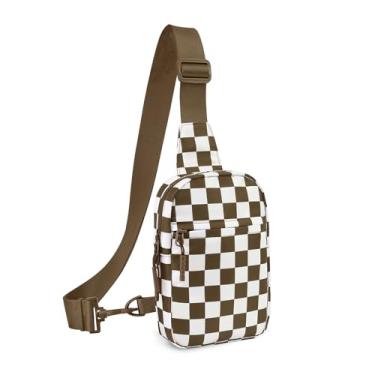 Imagem de Pequena bolsa tiracolo quadriculada resistente à água, suporte de telefone de corrida para mulheres, homens, treino, viagem, caminhada, Caramel, Medium, Tendência