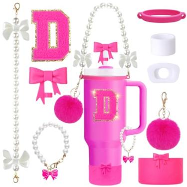 Imagem de Conjunto de acessórios de copo Stanley rosa de 9 peças para copo de 850 g 1,134 g com alça, inclui alça de pérola, topos de palha e bota de laço, pingentes de decoração, adesivo de letra, tampas à
