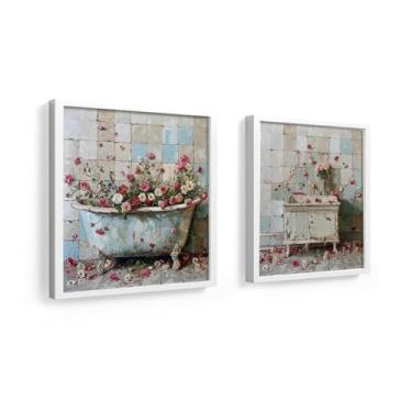 Imagem de Kit 2 quadros decorativos, banheiro, lavabo, flores afresco (Branco)