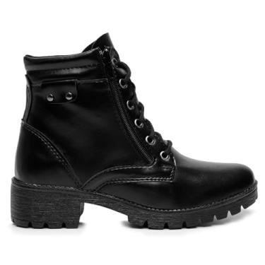 Imagem de Bota Lux Coturno Feminino Couro Cano Médio Cadarço e Zíper Lateral Bico Redondo Salto Baixo (Preto, BR, Adulto, Numérico, M, 38)