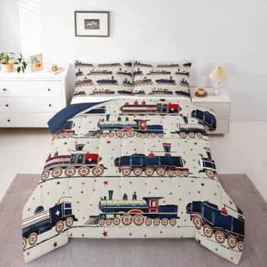 Imagem de Erosebridal Conjunto de edredom vintage de trem a vapor, desenho clássico da ferrovia retrô, Queen, presentes para crianças, meninas, meninos, viagem, locomotiva, trem, galáxia, estrelas, conjunto de