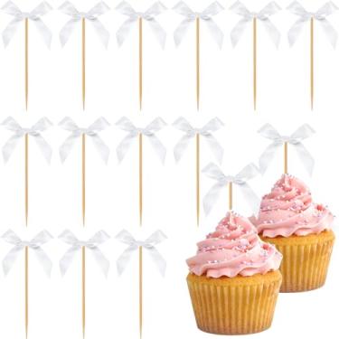 Imagem de Topos de cupcake de laço preto, 40 peças de enfeite de bolo de laço, decorações de aniversário, palitos de cupcake com laço para decoração de festa temática de coquete, despedida de solteira, noiva