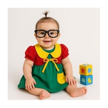 Imagem de Vestido da Chiquinha bebê menina com casaco óculos da Turma do Chaves (Verde, M)