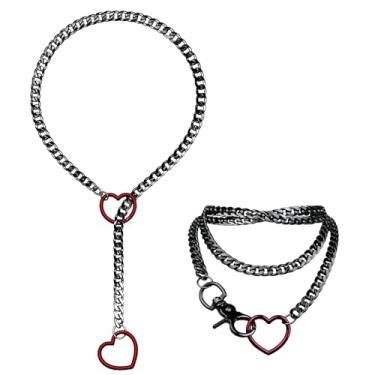 Imagem de Aroncent Conjunto de colar Heart Y Lariat: Colar de corrente deslizante com pingente de coração para mulheres - Gargantilha de elos cubanos ajustáveis, joia de corrente longa, Metal, Sem Pedra