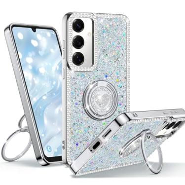 Imagem de Unlicaku Capa para Samsung Galaxy A15 5G com suporte, capa de telefone com suporte de anel duplo, capa protetora de luxo fofa com glitter para mulheres e meninas para Galaxy A15 5G, prata