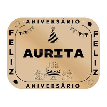 Imagem de Placa Feliz Aniversário Aurita em MDF, 19x14 cm, com 2 Furos para Pendurar