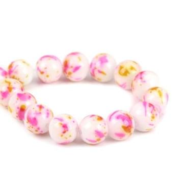 Imagem de HDSupplies Contas redondas de vidro estilo salpicos de rosa fúcsia para fazer joias DIY - 9 mm de diâmetro - Tamanho do furo: 1,2 mm - 1 fio (aproximadamente 42 peças)