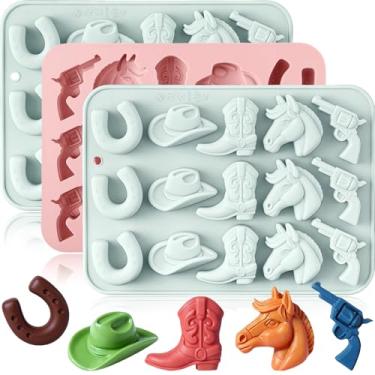 Imagem de Formas de chocolate de caubói, chapéu de caubói, bota de caubói, cavalo, bandejas de cubos de gelo em forma de ferradura, molde de silicone de cowboy para cupcakes, decorações de bolo, festa temática