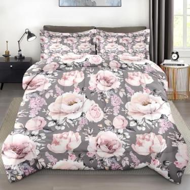 Imagem de Pamnest Conjunto de edredom Queen, floral, rosa, cinza, vintage, macio, para crianças e adultos, conjunto de edredom com folhas de flores rosa e fronha, para decoração de cama de quarto
