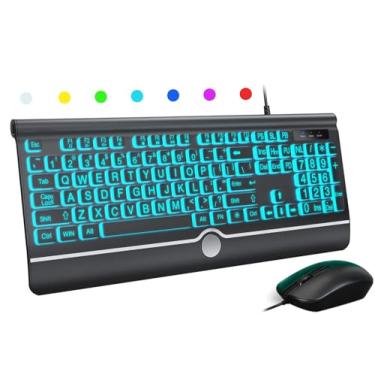 Imagem de Combo de teclado e mouse com fio – teclado iluminado com impressão grande, teclado USB silencioso com retroiluminação e mouse óptico para Windows, PC, laptop – fácil de ver, USB Play e Plug
