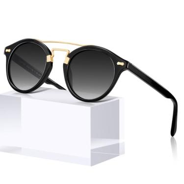 Imagem de CARFIA Óculos de sol com ponte dupla de acetato de rosto pequeno, proteção UV polarizada, óculos escuros redondos de metal retrô, 2-1. Armação preta, lente cinza gradiente, One Size