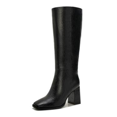 Imagem de Botas femininas de cano alto na altura do joelho – Botas altas de couro sintético plus size com salto grosso, bico quadrado e zíper lateral, Preto, 11 Wide