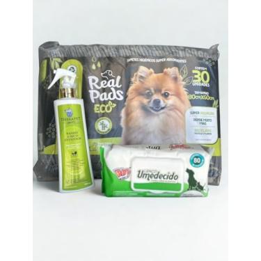 Imagem de Kit Higiene Pet, Tapete Higiênico 80x60cm, Banho a Seco 500ml, Lenço Umedecido 80 Unidades