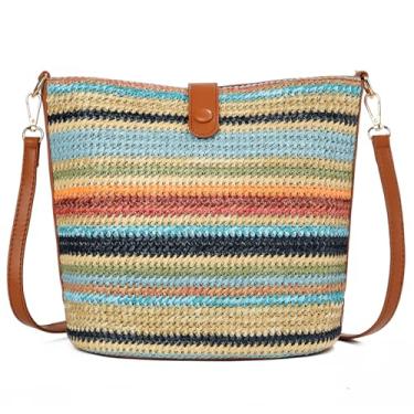 Imagem de ALARION Bolsas transversais de palha para mulheres, bolsa de praia de tecido de verão, ráfia, bolsa de ombro, alças de couro, bolsa clutch de palha para férias, Listras coloridas, Large