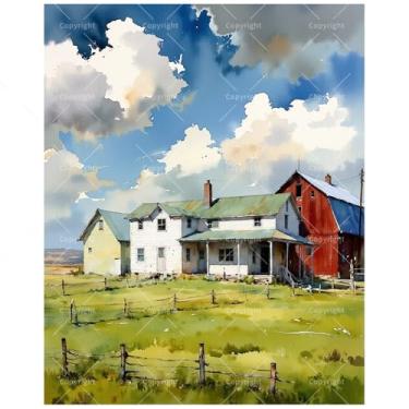 Imagem de TAOPAOLAB Kit de pintura de paisagem rural por números para adultos – Edifícios de fazenda DIY e pintura de cerca em tela 40,6 x 50,8 cm, conjunto de tinta acrílica, adequado para iniciantes, arte