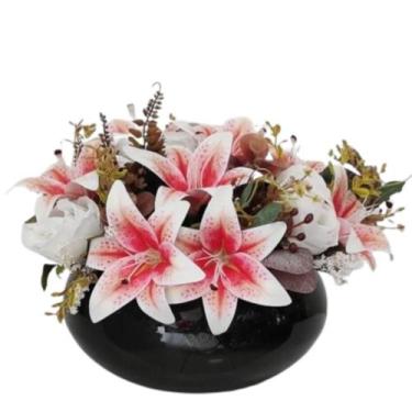 Imagem de Arranjo Flores Lírios Pink e Folhagem Verde Vaso Espelhado - La Caza S