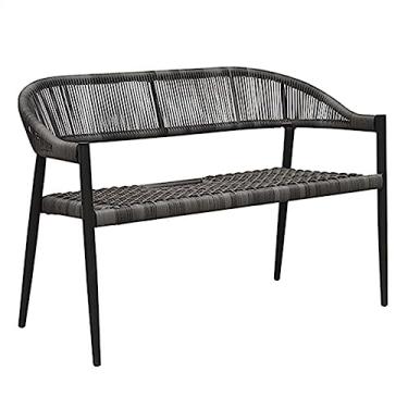 Imagem de Banco externo banco de vime para todos os climas, banco de vime externo de 2 lugares com mesa de centro redonda, conjunto de móveis de pátio de vime de PE para varanda deck de quintal bancos de jardim