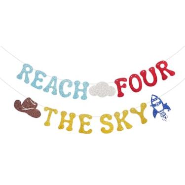 Imagem de Reach Four the Sky Banner Happy 4th Birthday Banner Toy Theme Decorações (Azul Vermelho Amarelo)