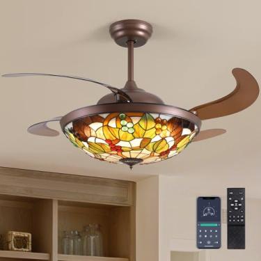 Imagem de CROSSIO Ventilador de teto Tiffany de 132 cm com lustre de vitral claro com lâminas retráteis 132 cm vintage ventilador de teto lustre de LED regulável para quarto e sala de estar