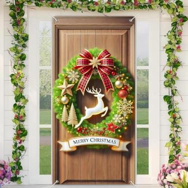 Imagem de BlissYard Capa de porta de Natal com rena, guirlanda de feliz Natal, 89 x 188 cm, faixa festiva para decoração de parede interna e externa, tecido de poliéster, decoração de casa para meninas ou