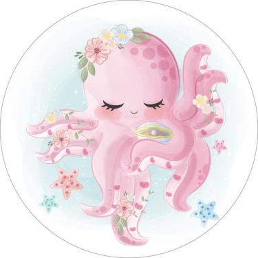 Imagem de Painel de Tecido Sublimado Redondo Fundo do Mar Polvo Flores Aquarela 