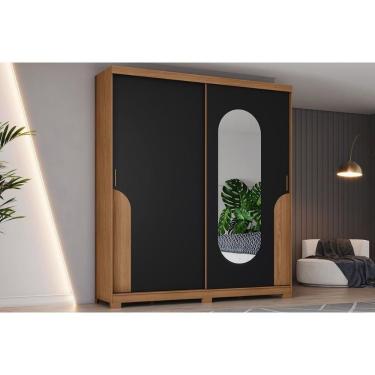 Imagem de Guarda Roupa Solteiro 2 Portas De Correr (1 C/ Espelho) E 3 Gavetas C/ Pés Talles Nature/preto - Henn