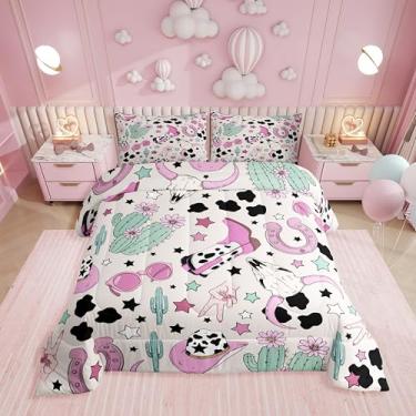 Imagem de Erosebridal Jogo de cama queen com caveira de touro ocidental, rosa e botas de vaqueira, para meninas e mulheres, edredom de ferradura com estampa de vaca, cacto do oeste selvagem, decoração de quarto