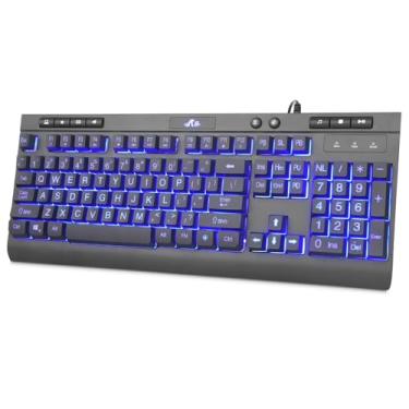 Imagem de Rii RK900Pro Teclado retroiluminado de impressão grande, teclado de computador USB com fio de tamanho completo com luz de fundo azul, compatível com Windows, Mac, Chrome, Linux