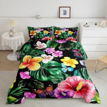 Imagem de jejeloiu Jogo de cama com estampa de hibisco, folha de palmeira, para crianças, meninos, meninas, tamanho king, folhas tropicais, flores, ultramacio, lençol de verão, edredom para decoração de quarto