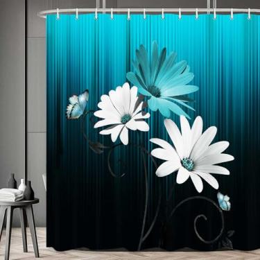 Imagem de Farmhouse Cortina de chuveiro floral rústica margarida azul-petróleo e preto turquesa flor borboleta abstrata arte ombré estética vintage country moderna decoração de banheiro legal com ganchos 183 x