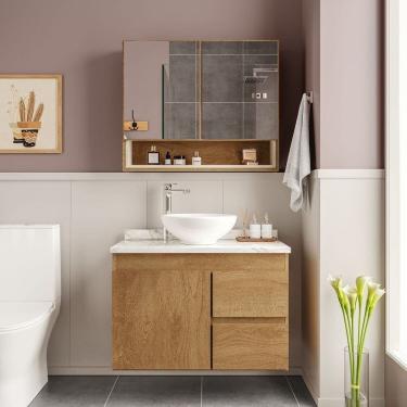 Imagem de Conjunto Gabinete para Banheiro com Espelheira 80cm Travertino Freijo/Creme