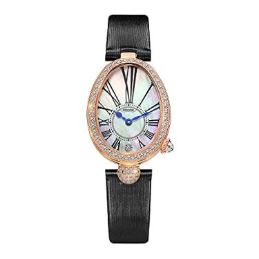 Imagem de ROCOSJEWE Relógio feminino vintage de luxo – Relógio de pulso feminino oval com mostrador irregular de ilusão em escala romana, cinto de couro café, relógios femininos de marca à prova d'água para