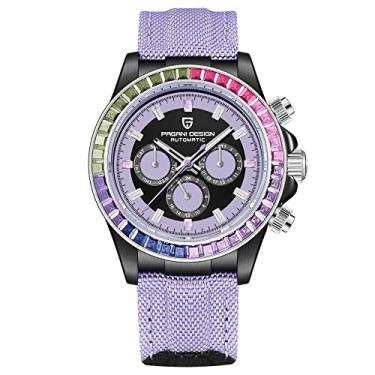 Imagem de Pagani Design Relógio Mecânico Automático Masculino de Luxo 40 mm Safira Sintética Arco-íris Bisel Cristal Diamante Pulseira de Nylon Impermeável Relógio de Pulso Esportivo, Violeta, Clássico