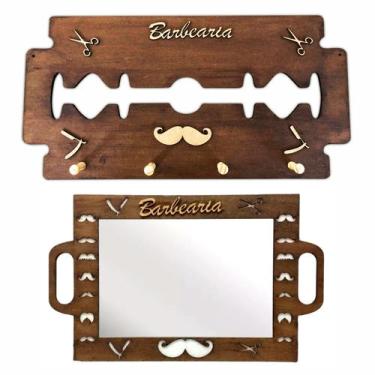 Imagem de Kit Espelho Barbeiro Cabide Gilete Personalizado Barber Shop - JKVERAS