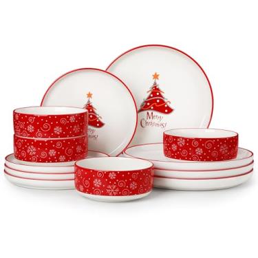 Imagem de MALACASA Conjunto de pratos e tigelas, conjunto de 12 peças de louça de porcelana de Natal para 4, conjunto de louças de cerâmica, utensílios de jantar de cozinha, seguro para micro-ondas e