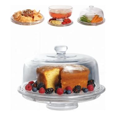 Imagem de Boleira de Vidro Multifuncional 3 em 1, Prato para Bolo com Tampa, Cristal Transparente, Serve como Petisqueira e Saladeira, Base Decorativa para Sobremesas