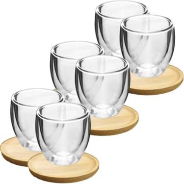 Imagem de Conjunto de 6 Xícaras de Vidro camada dupla, 100mL, com Suporte em Bambu, Transparente Gourmet Vidro duplo Pires Bambu