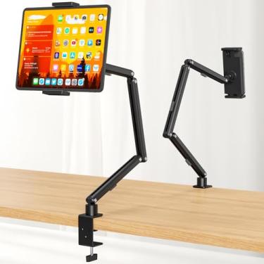 Imagem de Suporte para tablet, braço de suporte dobrável ajustável para mesa de iPad com base de rotação de 360°, suporte para tablet com braçadeira, suporte de iPad para mesa, compatível com tablets, telefones