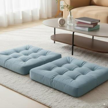 Imagem de LUZIQOVE Almofada de veludo para adultos, almofada quadrada tufada para meditação, ioga, sala de estar, cadeira e assento de tatami, 55 x 55 cm, azul, pacote com 2