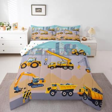 Imagem de Feelyou Jogo de cama solteiro com escavadeira, veículos de construção, para crianças, meninos, meninas, caminhões, edredom para decoração de quarto, microfibra, 2 peças com 1 fronha