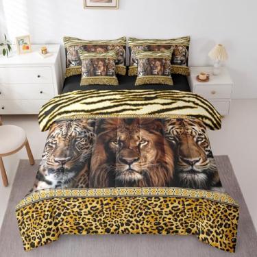 Imagem de Jogo de cama queen, guepardo, leão, tigre, safári, animal selvagem, africano, para adolescentes, boêmio, amarelo, marrom, zebra, leopardo, listras, listras, lençóis, fronhas
