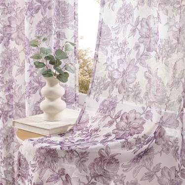 Imagem de Cortinas florais roxas de 182 cm de comprimento, 2 painéis para quarto, bolso de varão, filtragem de luz, cortinas de janela, cortinas de flores de fadas vitorianas para berçário, roxo e rosa, 132 x