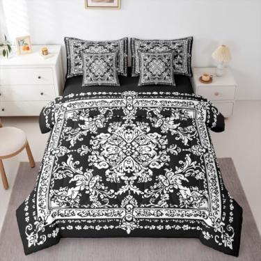 Imagem de Manfei Jogo de cama Queen com edredom boêmio, estilo exótico, damasco barroco vitoriano, 7 peças, para crianças, meninas, meninos, estilo exótico, flores, poliéster, preto e branco