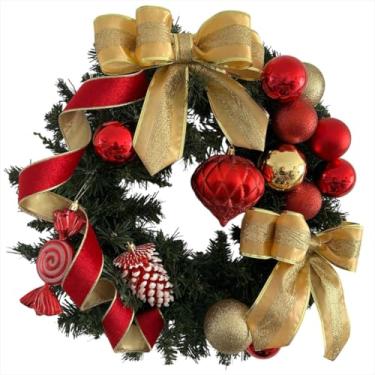 Imagem de RIKABUNI - Guirlanda de Natal Luxo Verde com Laços e Bolas Vermelhos e Dourados – 45cm com Cordão de Luz Fio de Fada LED